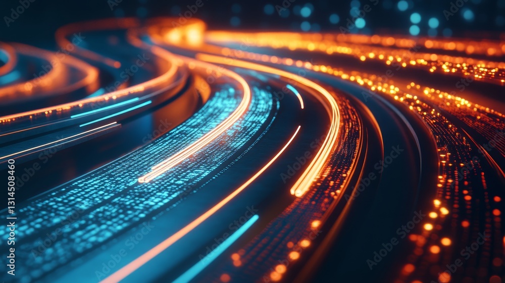 Poster dynamic 3d intersecting curved roads with digital light trails
