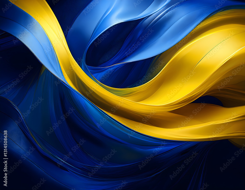 Poster wavy blue and yellow ribbons create a dynamic, flowing abstract pattern with a textured background