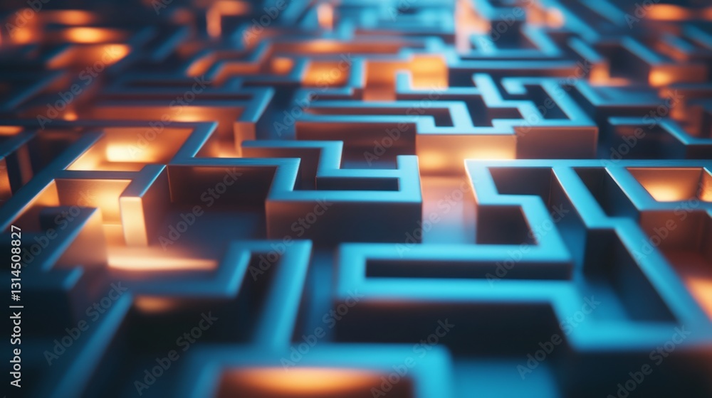 Poster 3d maze pattern with glowing elements in a road-like formation