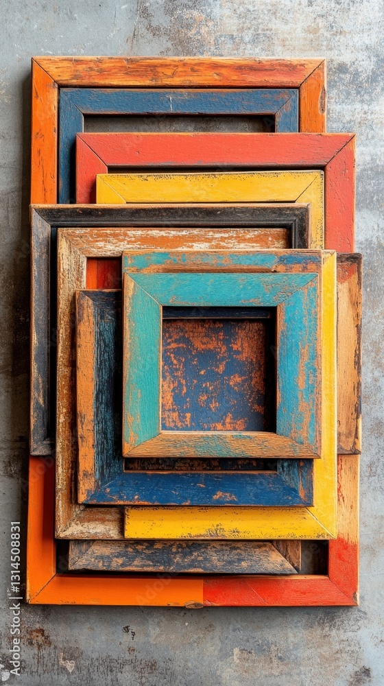 Poster stacked colorful rustic wooden picture frames on gray textured surface creating a vibrant artistic d