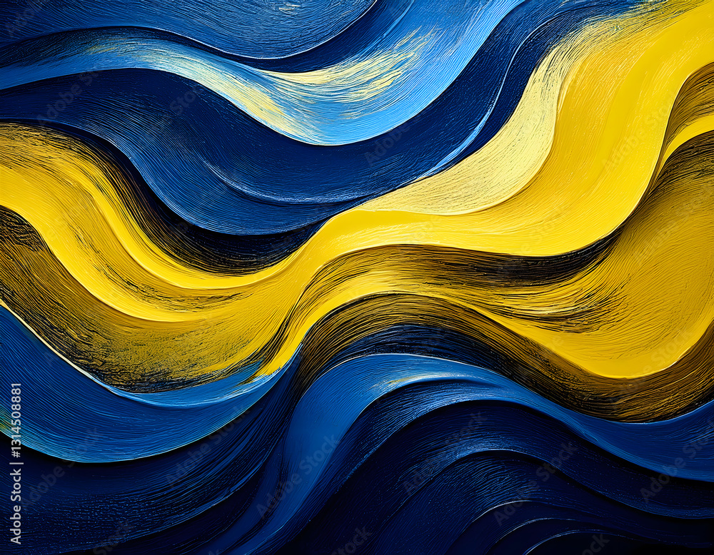 Poster intertwining waves of deep blue and bright yellow create a flowing, rhythmic abstract pattern
