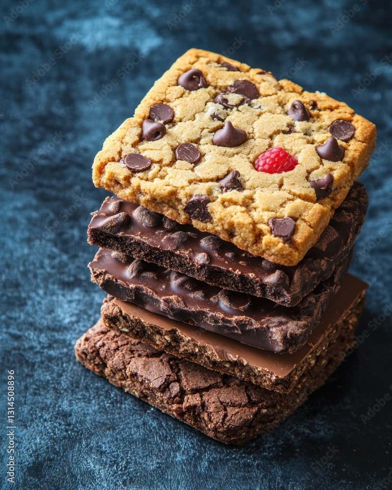 Poster stack of delicious chocolate chip and fudge brownie bars with raspberry on dark blue background