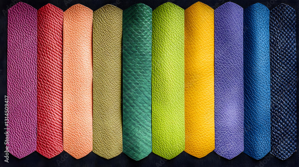 Poster Vibrant Colorful Textured Fabric Samples in Rainbow Spectrum Displayed on a Dark Background with Soft Smooth Rough Fiber