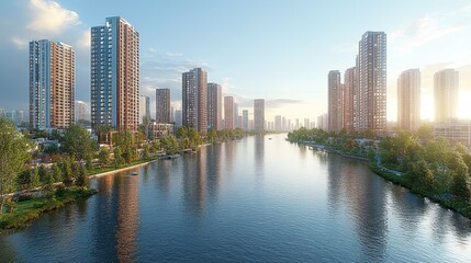 Fototapeta premium Sunrise Cityscape: Modern Architecture and Serene Waters