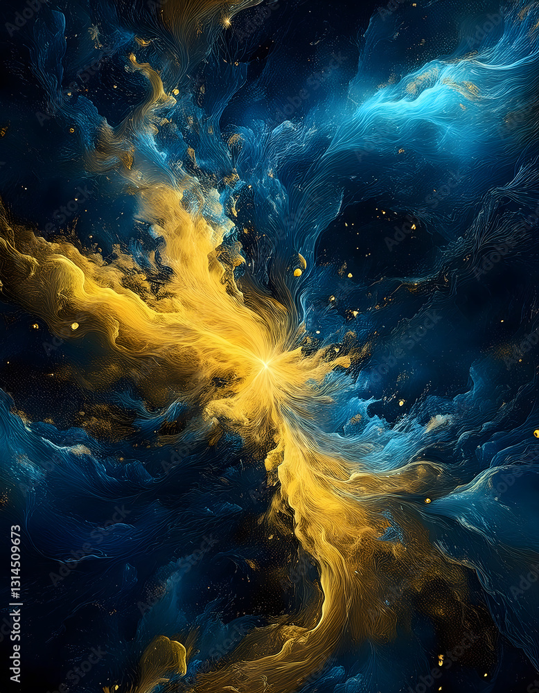 Poster abstract swirling clouds of blue and yellow with scattered gold specks, creating a celestial and dyn