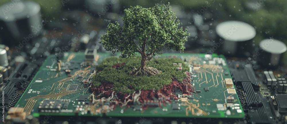 Poster technology and nature converge in the image of a green tree on a computer chip, with roots that rese