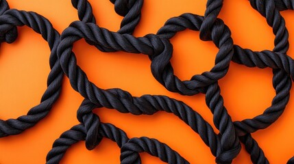 A bold artistic shot of multiple twisted ropes on a vibrant orange background.