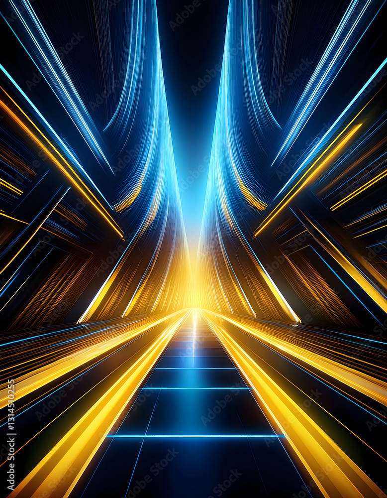 Poster futuristic gridline runway with glowing blue and yellow lines converging towards a bright light sour