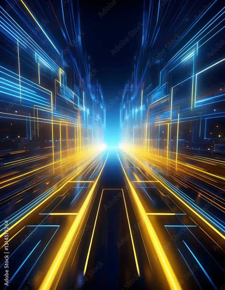 Poster futuristic gridline runway with glowing blue and yellow lines converging towards a bright light sour