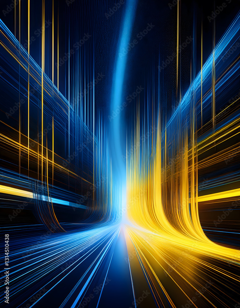 Poster dynamic light streaks in blue and yellow converge towards a central point, creating a futuristic and