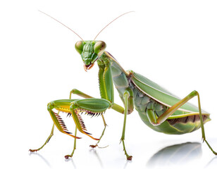 Green praying mantis isolated on white, detailed insect macro shot, highlighting natural textures and form