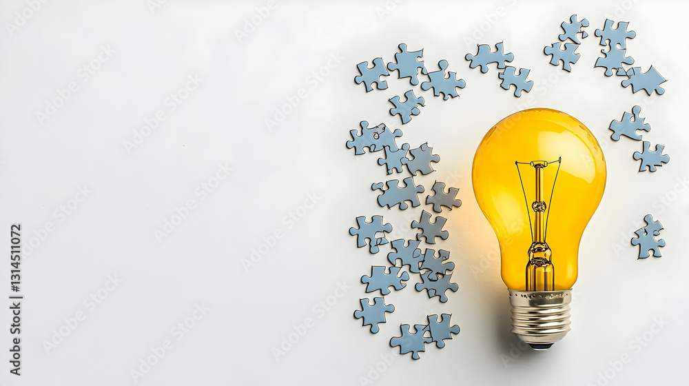 Poster bright yellow light bulb surrounded by puzzle pieces on white background symbolizing idea and proble