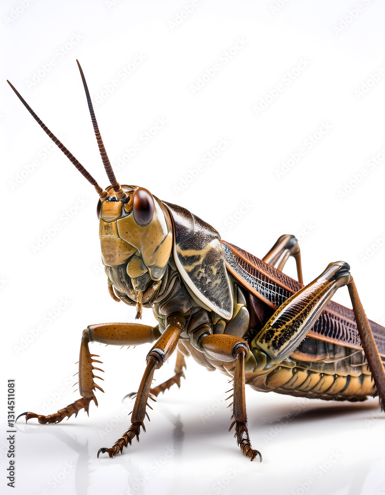 Poster a detailed digital rendering of a grasshopper with long antennae and textured body, posed against a 