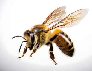 A photorealistic bee with spread wings, featuring intricate details and a warm brown tone, against a clean white background