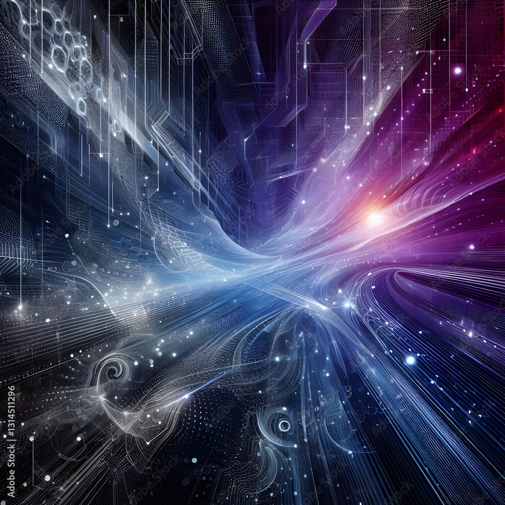 Poster a dynamic swirl of light and shadow, with glowing particles and intricate lines, creates a futuristi