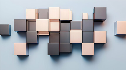 Abstract 3D Render of Geometric Cubes in Pink Grey and Blue on a Pastel Blue Studio Background