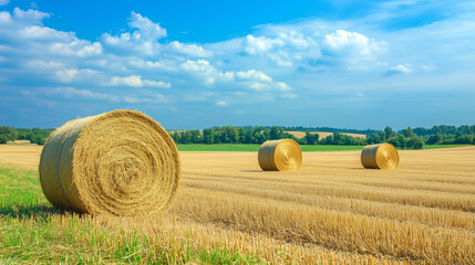Serene Summer Landscape with Azure Sky, Fluffy White Clouds, and Golden Hay Bales in a Sunlit Field