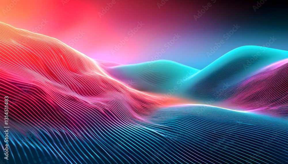 Poster abstract landscape of flowing lines, blending cool blue and warm red, creating a sense of depth and 