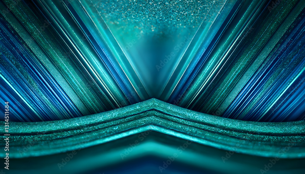 Poster symmetrical lines converge in a v-shape, blending shades of teal and blue, creating a textured, dime