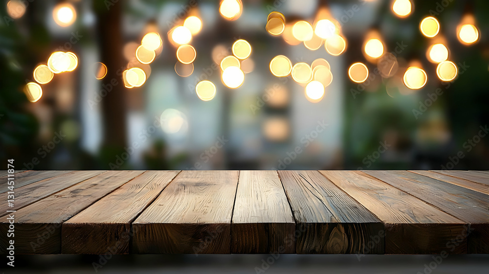 Aufkleber empty rustic wooden table top with defocused golden bokeh lights background for product display pres