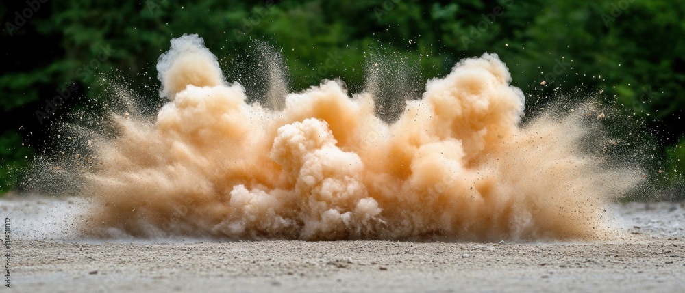 Poster dynamic explosion of dust and earth creating a dramatic cloud against a blurred green forest backdro