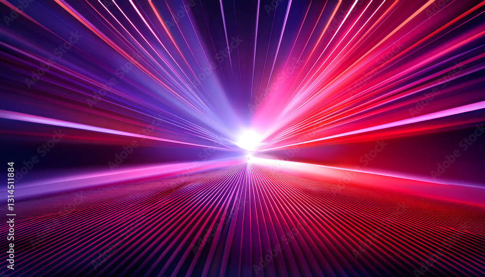 Poster symmetrical lines radiate from a bright central glow, blending pink and red hues, creating a dynamic