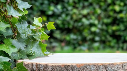 Obraz premium Wood Slice Display with Ivy Vine Against Green Foliage Backdrop