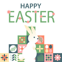 Happy Easter banner, poster, cover, or postcard. Geometry mosaic pattern. Modern scandinavian abstract style. A set of vector Easter illustrations. Easter eggs, rabbit, flowers 