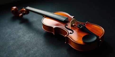 Fototapeta premium Polished violin on ebony surface; subtle light highlights curves , dark, elegant, bow