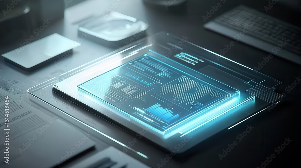 Poster futuristic digital interface display on a modern workspace table