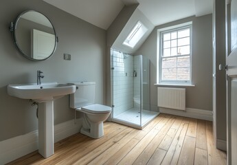 Fototapeta premium Modern bathroom interior featuring a sleek shower, minimalist design, natural light, wooden flooring, and contemporary fixtures in a cozy setting