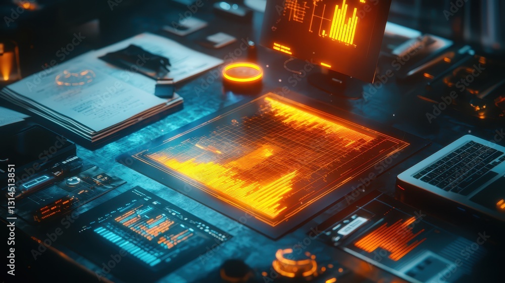 Poster futuristic data analysis station with glowing visualizations