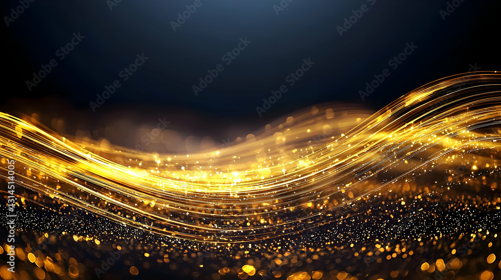 Poster golden particles flowing in a wave on a dark background with a luxurious and elegant abstract design