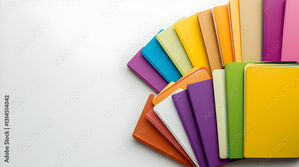 Poster an array of colorful notebooks in a semi circle on a white table top view with copy space