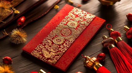 Red envelopes, Chinese New Year decor, wooden table