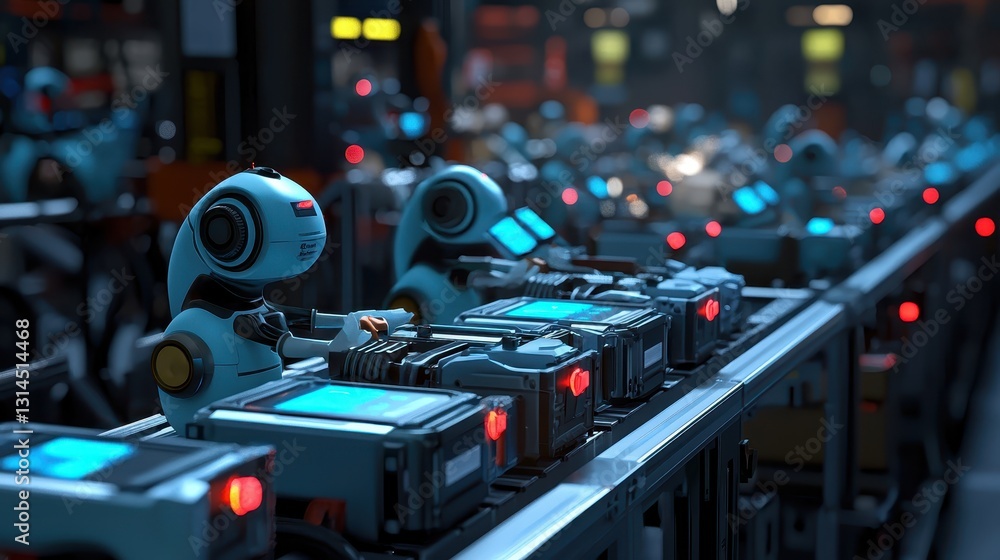 Poster advanced automation in factory with robots working on assembly line