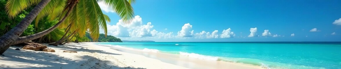 Obraz premium Sandy beach with palm trees, ocean waves, and clear blue sky in background, exotic, travel, seaside