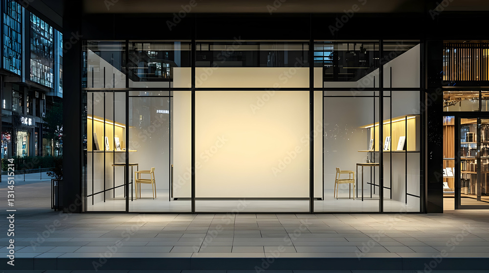 Aufkleber modern storefront with illuminated blank display window at night in city setting with dark exterior 