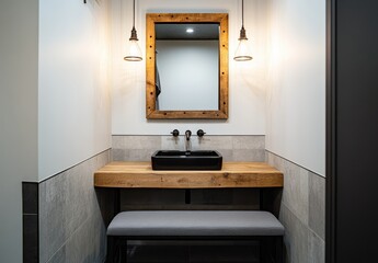 Modern Bathroom Interior with Dark Sink, Wooden Counter, Vintage Mirror and Elegant Lighting in Neutral Tones for Contemporary Home Design Inspiration