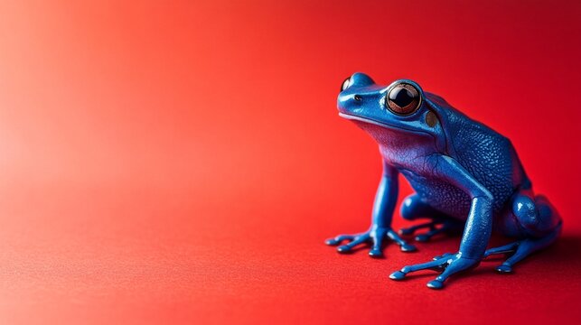 Blue frog resting on a bold red background, vibrant amphibian close-up with sharp details and soft lighting