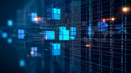 Fototapeta premium Blue Data Stream With Glowing Cubes On Dark Digital Grid