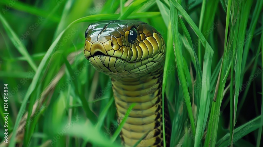 Poster close-up of a green snake in lush grass displaying unique features