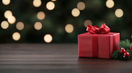 Festive red gift box with holiday decorations on wooden table