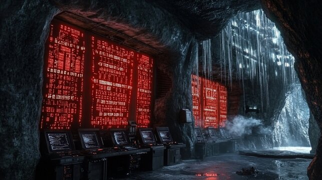 Red-lit Cave Command Center, Frozen Waterfall