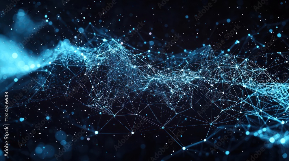 Poster abstract digital network of blue connected lines and dots on dark background