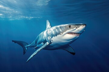Fototapeta premium Great White Shark Underwater, Ocean Depth, Sunlight