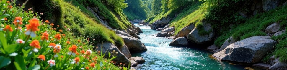 Steep, rocky walls embrace emerald stream, wildflowers bloom, secluded, beauty