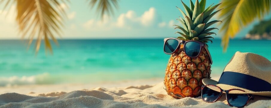 Stylish pineapple with sunglasses amidst travel accessories, fruit, wanderlust
