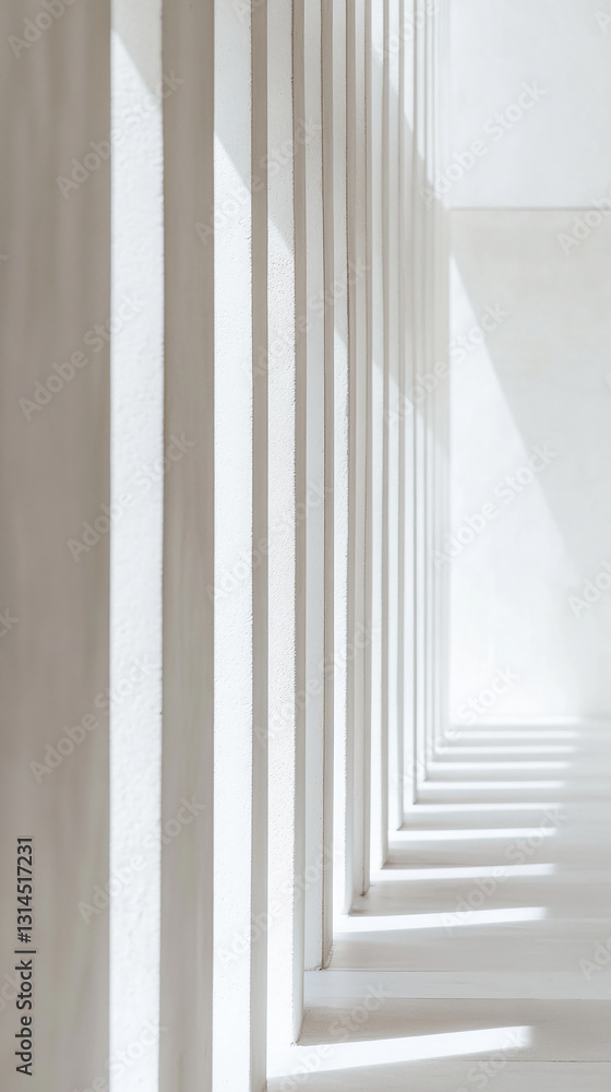 Poster parallel white columns cast shadows on a light surface, creating a minimalist, architectural design 