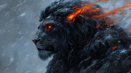 Majestic Fiery Lion Surrounded by Snow and Stormy Weather